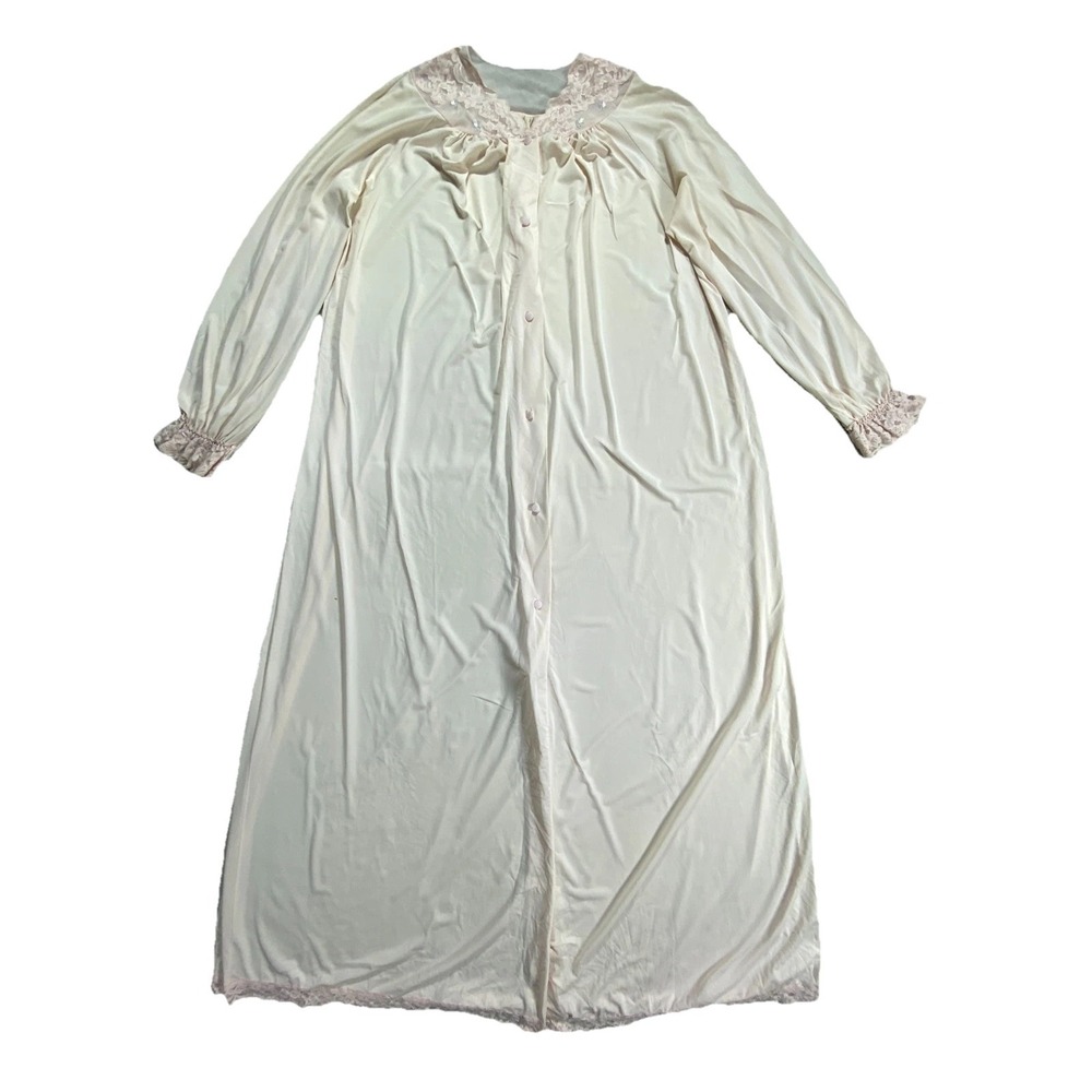 VTG Slip Dress Womens XL Pink Pleated Round Neck Long Sleeve Button Up Nightgown